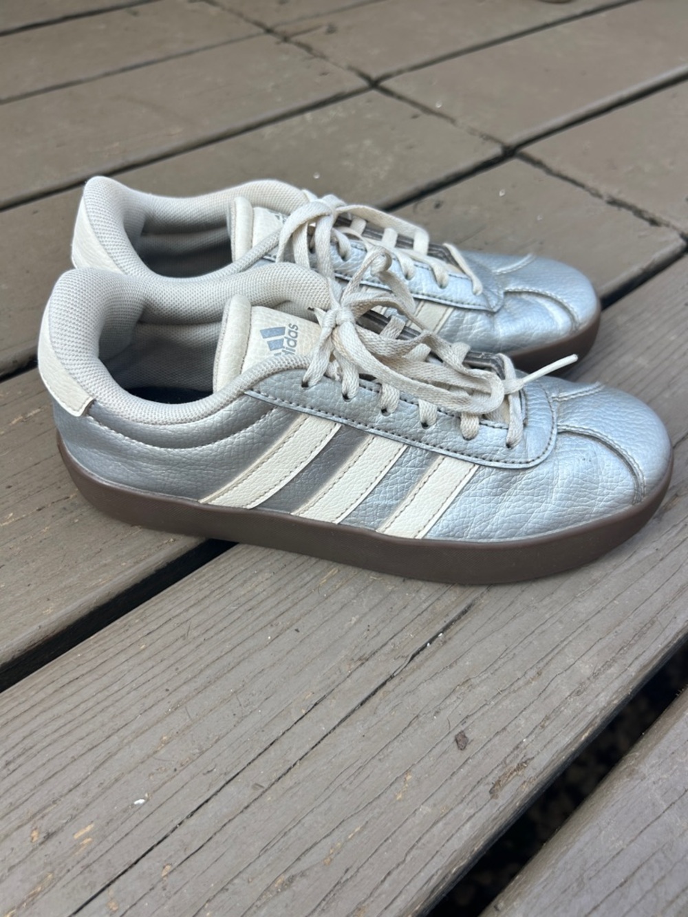 Adidas VL Court 3.0 Metallic Silver Sneakers with White Stripes | Kids Size US 3